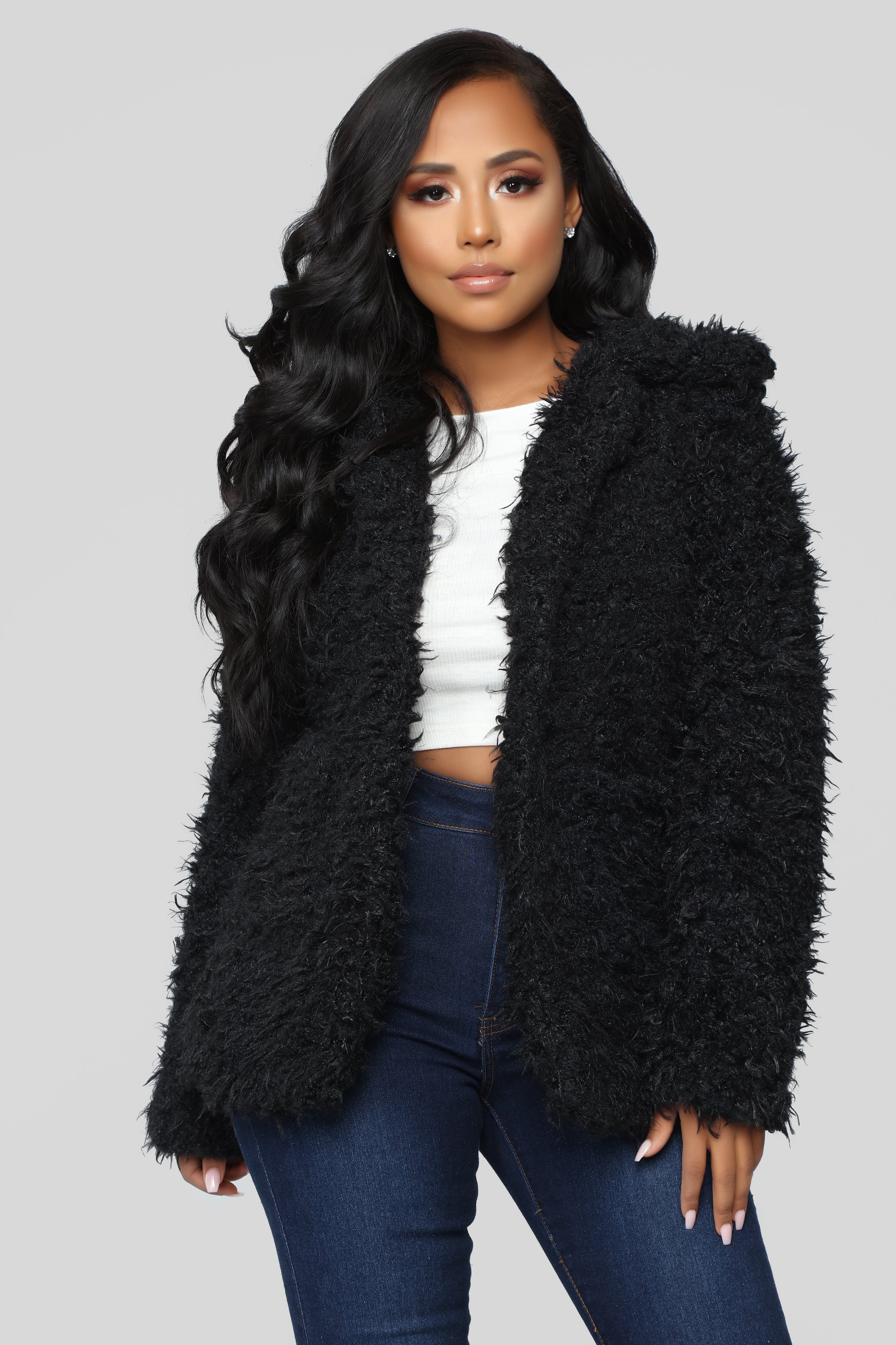 black fuzzy coat with hood