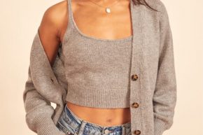 Miss Selfridge two-piece ribbed cardigan and cami set in clay
