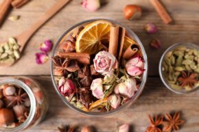 Aroma potpourri with different spices on wooden tabl