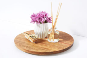 caravan lazy susan with decorative home pieces featured on it