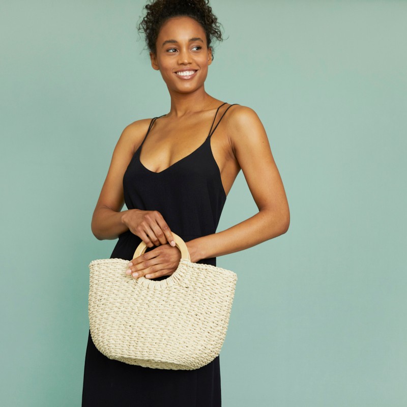 Knitted Half Moon Straw Tote