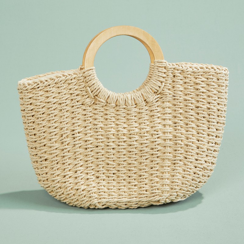 Knitted Half Moon Straw Tote